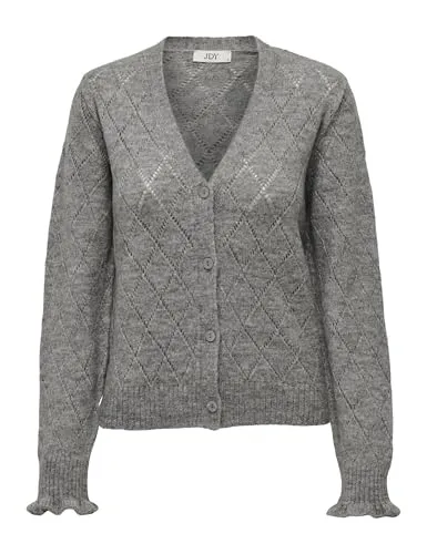 Jacqueline De Yong JDYLETTY L/S V-Neck Strickjacke - Strickjacke für Damen in Light Grey Melange, mit elegantem V-Ausschnitt und Rüschen, perfekt für einen lässigen Look.