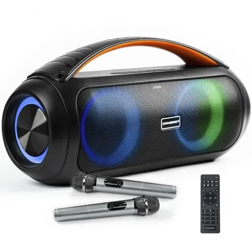 DYNASONIC D93 Tragbarer Bluetooth Lautsprecher IPX7. Kabelloser Outdoor-Lautsprecher. Stereoanlage. Soundplayer mit integrierten LED-Leuchten. Micro-SD, USB.