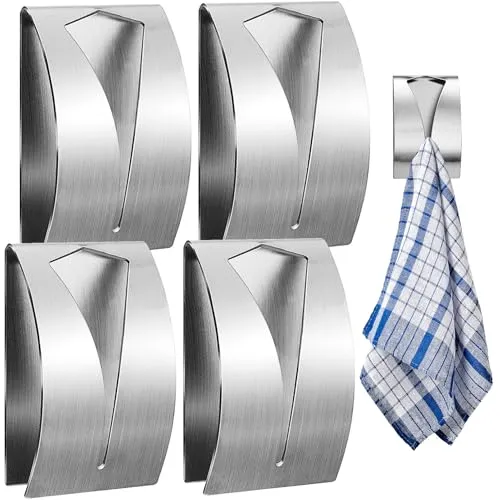smilixin 4 Stück Handtuchhaken Geschirrtuchhalter Ohne Bohren,Wandhaken Küche aus Edelstahl,Küchenhandtuchhaken,Handtuchhalter Selbstklebend Handtuchklemme für Küche Badezimmer Toilette,7.5 * 5cm