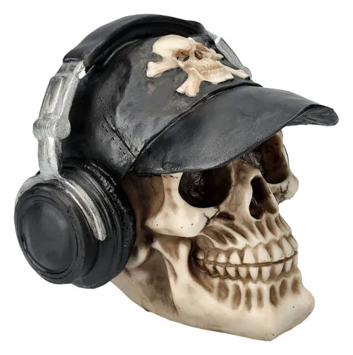 Figuren Shop GmbH Dekofigur Totenkopf mit Basecap und Kopfhörern Totenschädel Fantasy Gothic Deko