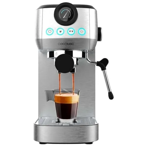 CECOTEC Power Espresso 20 Steel Pro - Siebträgermaschine mit 20-bar-Druckpumpe und Thermoblock-Technologie für perfekten Espresso und Cappuccino. Ideal für kleine Küchen, einfach zu reinigen und mit abnehmbarem Wassertank.