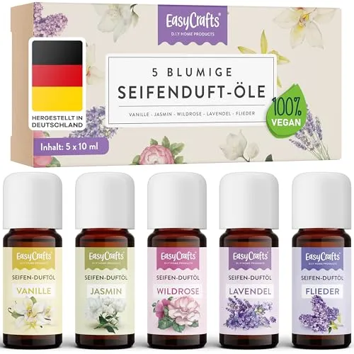EasyCrafts® Seifenduftöl BIO - Seifen Duftöl Set aus 5 x 10 ml blumige Düfte zum Seife selber machen Set - Geeignet für die Seifenherstellung mit Glycerinseife & Shea-Butter - Vegan Made in Germany