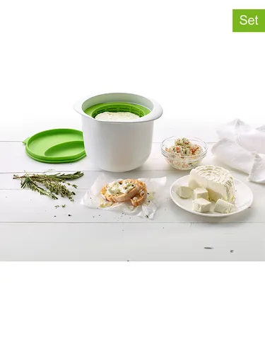 Lekué 3tlg. Frischkäse-Zubereiter-Set in Grün/Weiß - Küchenhelfer-Set mit Rührschüssel, Käseform und Deckel für die einfache Zubereitung von Frischkäse, spülmaschinenfest und mit guten Antihaft-Eigenschaften.