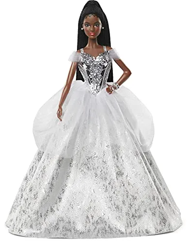 Barbie GXL22 - Signature 2021 Holiday Puppe (30 cm, Brünettes, Geflochtenes Haar) im Silbernen Kleid Mit Puppenständer und Echtheitszertifikat, Geschenk für Kinder Ab 6 Jahren