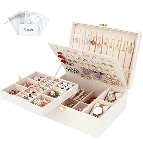 Casiwaft Schmuckkästchen für Halsketten, Ohrringe, Armbänder, Ringe, Uhren, 2 Ebenen großer PU Leder Reise Schmuckschatulle mit abnehmbarem Tablett und großer Nietenplatte, Weiss