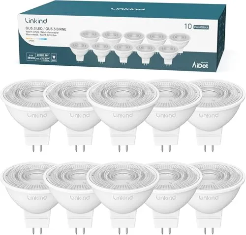 Linkind 12V GU5.3 Led 3.4W, 35 Watt ersetzt, 2700K Warmweiß 36° Abstrahlwinkel LED Spot MR16, 360Lm AC/DC 12V LED Leuchtmittel, 25,000 Std. Lebensdauer, Nicht dimmbar, 10 Stück
