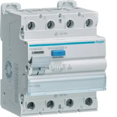 Hager CDA640D FI-Schutzschalter 4P 10kA 40A 30mA TypA - 4-poliger Fehlerstromschutzschalter mit 10kA und 30mA für sicheren Schutz. Ideal für die Elektroinstallation, mit Bi-Connect-Klemmen und einfacher Montage auf DIN-Schiene.