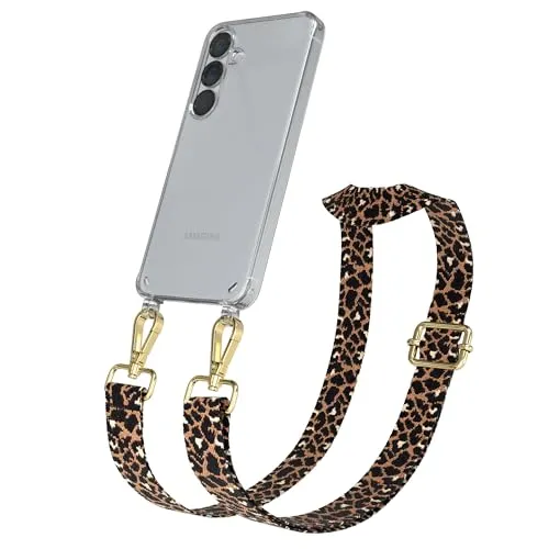 EAZY CASE Handykette - Verstellbares Taschenband kompatibel mit Galaxy S25, Schulterriemen, Handykordel mit Silikon Hülle, Umhängetasche, Leo - Schwarz Braun Gold