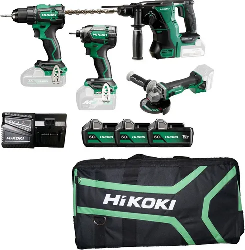 Hikoki Combo-Kit Akku-Bohrschrauber + Schlagschrauber + Winkelschleifer + Bohr- / Meißelhammer KC18DE-3 - Akkuschrauber Set mit leistungsstarken Geräten: Bohrschrauber, Schlagschrauber, Winkelschleifer und Bohrhammer – alles in einer stabilen Transporttasche!
