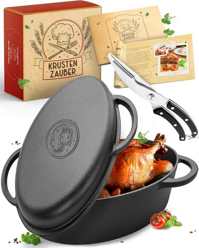 Krustenzauber Bräter 38cm Gusseisen - Backofengeeigneter XXL Schmortopf - Pfannen, ideal für saftige Braten und Gans, inkl. Geflügelschere und hitzebeständigem Gusseisen für gleichmäßige Wärmeverteilung.