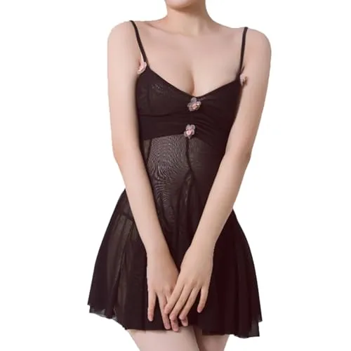 WTMFORU Pyjamakleid aus Spitze für Damen Unterwäsche Transparente Nachtwäsche Charmante Loungewear Jubiläumsnachthemd Bequemes Kleid Mesh Nachthemd Normale Geraffte Brust Slips mit Tanga (Schwarz)