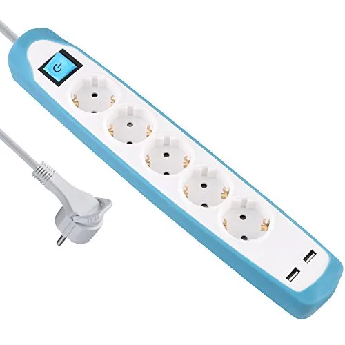 Electraline 62160, Steckdosenleiste 5-Fach mit Schalter + 2 USB 2.1A, Kabel 2m / Mehrfachsteckdose / Tischsteckdose / Steckerleiste / Steckerleiste, Extra Flacher Stecker