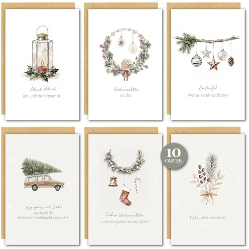 YISCOKO Weihnachtskarten-Weihnachtskarten mit Umschlag Set (10 Stück)-A6 Aquarell Weihnachtskarten Set-Frohe Weihnachten