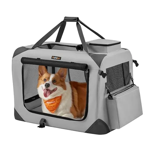 Feandrea Hundebox faltbar, Transportbox Hund, L, Hundetasche, Oxford-Gewebe, Netzstoff, atmungsaktiv tragbar transportabel, Metallrahmen, mit Griffen, Taschen, 70 x 52 x 52 cm, rauchgrau PDC070G02