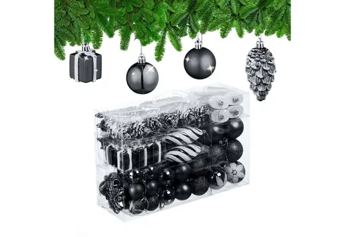 relaxdays Weihnachtsbaumkugel Set 72er, schwarz - Weihnachtskugeln in 3 Größen für festlichen Baumschmuck. Das Set enthält glitzernde und matte Kugeln sowie Geschenke und Herzen, alles in einer praktischen Aufbewahrungsbox.