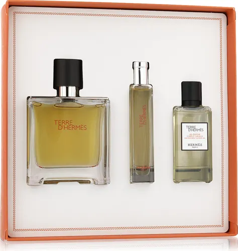 Hermès Terre d'Hermès Geschenkset 75ml - Parfüm-Geschenkset mit 75ml Eau de Parfum, 15ml Mini und 40ml Duschgel. Der holzig-chypre Duft vereint Männlichkeit und Eleganz und ist ideal für selbstbewusste Männer.