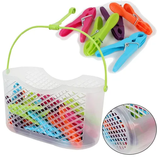 Wäscheklammern im Korb, Transparenter Korb, 30 bunte Klammern, Polypropylen