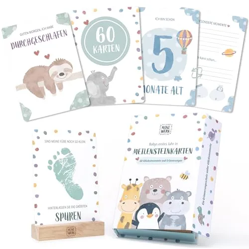 Miniwerk Meilensteinkarten Baby 60 Stück – persönliches Geschenk zur Geburt, Erinnerungsbox Baby, Babytagebuch, Ergänzung zur Baby Erstausstattung für Neugeborene und Eltern, Kontrastkarten Baby