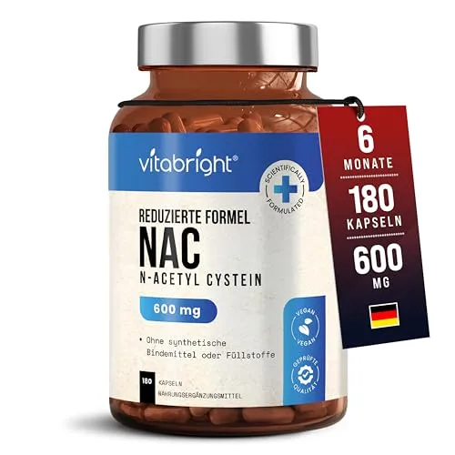 NAC 600 mg | N-Acetylcystein 180 Kapseln | 6 Monate Vorrat | Kapseln Leicht Zu Schlucken Oder Zu Öffnen | NAC 600 mg Nahrungsergänzungsmittel | VitaBright N Acetyl Cystein Supplements