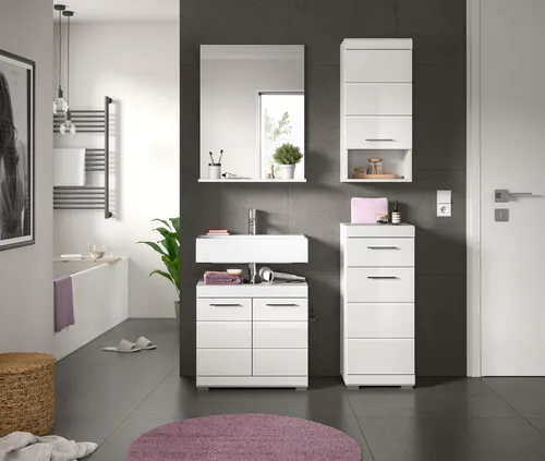 Badkombination Scout 4-teilig von xonox.home - Badmöbel-Set in modernem Design, hochwertige Verarbeitung mit weißem Hochglanz-Finish für ein stilvolles Badezimmer.