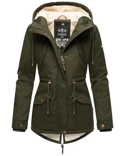 MARIKOO Damen Winterjacke Manolya Dark Olive Gr. M - Funktionsjacke mit kuscheligem Teddyfutter und verstellbarer Kapuze, ideal für kalte Wintertage - stilvoll und warm!