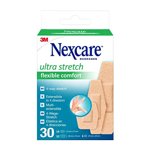 Nexcare Ultra Stretch Flexible Comfort Foam Pflaster, Verschiedene Größen, 30 Stück, Atmungsaktive und Wasserfeste Pflaster für Wunden, Kratzer, Erste-Hilfe-Kit