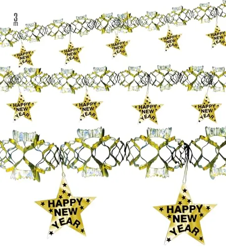 Widmann S.r.l. Hängedekoration Girlande Happy New Year Holo 3m - 100% Polyester, glänzende goldene Farbe für festliche Stimmung