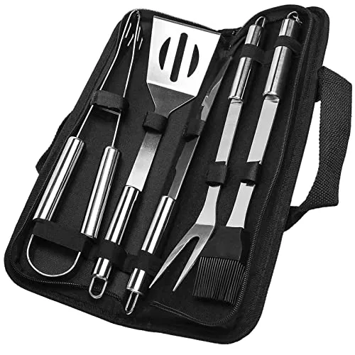 CoolGadget BBQ Grillbesteck 5er Set mit Tasche [Edelstahl Grill Zubehör] für Garten, Camping [Grillkoffer, Grillzange, Grillgabel, Grillmesser, Pinsel, Wender] inkl. Aufbewahrugstasche