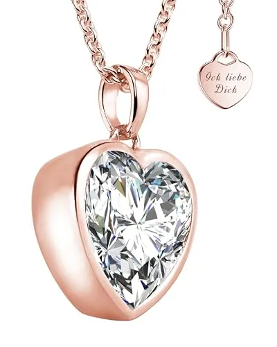 Herzkette Halskette Damen Rosegold (Silber 925 vergoldet) Kette mit Zirkonia Herz-Anhänger Ich liebe Dich (45-50cm) Schmuck Geschenke für Frauen Sie Freundin mit Gravur zum Jahrestag Liebesgeschenk