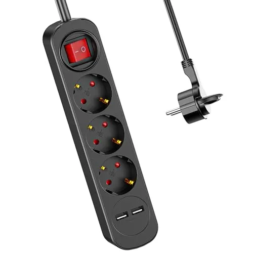 Mehrfachsteckdose mit USB, Realmade 3 Fach Steckdose, Verlängerungskabel Schwarz 1,5m