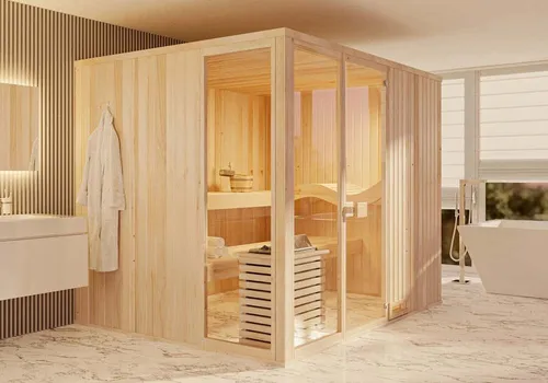 FinnTherm Innensauna Ergo Panorama - 6 Personen, 40 mm - Sauna für 6 Personen mit Panorama-Tür und 3 Liegeplätzen, ideal für entspannende Wellnessmomente im Indoor-Bereich.