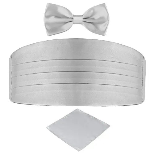 DonDon 3er Set Herren Kummerbund Fliege Einstecktuch farblich abgestimmt glänzend für feierliche Anlässe - Silber-grau