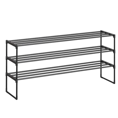 SONGMICS Schuhregal 3 Ebenen, Schuhständer Metall, Schuhaufbewahrung, Schuh-Organizer, aufrecht oder umgedreht, für 20-24 Paar Schuhe, stapelbar, Flur, 30 x 117 x 55 cm, schwarz LSA033B01