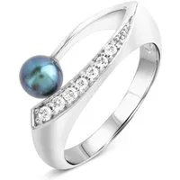 Eleganter Zeeme Pearls Ring mit schwarzer Perle - Damen-Ring aus rhodiniertem 925 Sterling Silber mit schwarzer Perle und funkelnden Zirkonia, ideal für besondere Anlässe und stilvolle Outfits.