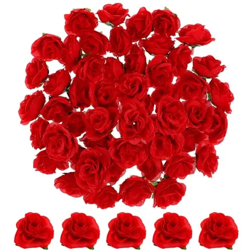 WINOMO 50 Stück Künstliche Rosen, 4cm Künstliche Rosenköpfe Rot, Kunstrosen Blumen Rote Rosen Köpfe Deko Blumenköpfe zum Basteln Party Hochzeit Blumensträuße Tischdeko