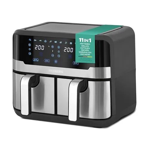Heinrich´s Heißluftfritteuse 2400 W - Doppel-Heißluftfritteuse mit 9 Automatikprogrammen - Heißluftfritteusen für fettfreies Frittieren, Backen und Grillen. Mit stufenlos einstellbarem Temperaturregler und Cool-Touch Griffen für sicheren Komfort.