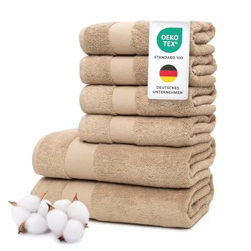 Wolkenfeld Handtücher Set 6-teilig Premium – 100% Low Twist Baumwolle, 550 g/m² – Ultra Weich & Saugfähig, Oeko-TEX Zertifiziert – 4 Handtucher 50x100cm & 2 Badetucher 70x140cm Duschtuch, Beige