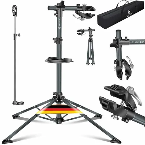 KESSER Profi Fahrrad-Montageständer mit Tasche und Werkzeugschale - Robuster Fahrradständer für bis zu 30 kg Traglast, ideal für die professionelle Wartung. Inklusive praktischer Tasche und Magnetfach für Werkzeug.