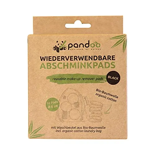 pandoo Schwarze Wiederverwendbare und Waschbare Wattepads aus Bio-Baumwolle | Baumwolle Make Up Entferner Pads | umweltfreundliche Abschminkpads | 10 Stück inkl. Waschbeutel