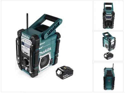 Makita DMR 112 G1 Akku Baustellen Radio mit Bluetooth und DAB+ - Robustes Baustellenradio mit Bluetooth und DAB+ Empfang. Inklusive 6,0Ah Akku, ideal für den Einsatz auf der Baustelle, spritzwassergeschützt und mit USB-Anschluss für mobiles Laden.