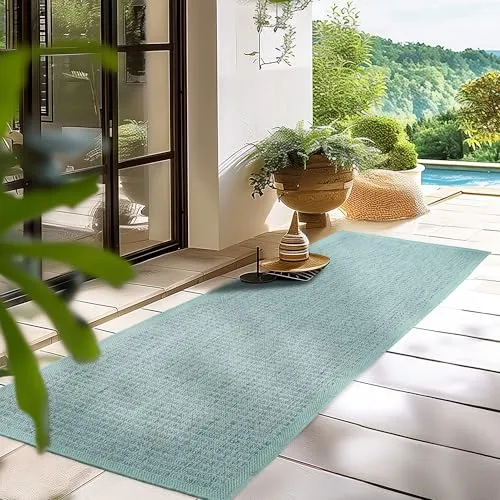 HomebyHome Outdoor-Teppich Flachgewebe Wetterfest Einfarbig Blau Küchenteppich, Balkon Terrassen Garten Wohnzimmer Teppich 80 x 250 cm
