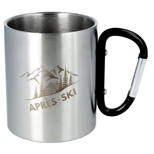 Spruchreif | Edelstahltasse mit Karabinerhaken | Edelstahlbecher mit Karabinerhaken Henkel | Bruchfest | Camping Tasse | Outdoor Gadgets | Geschenk Ski | Ski Geschenke | „Après Ski“
