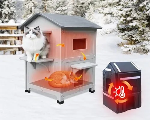 Geschichte Katzenhaus Outdoor mit isolierter Auskleidung, Outdoor-Häuser für Katzen Kunststoff außerhalb Katze Unterschlupf wetterfest mit Escape-Tür 2