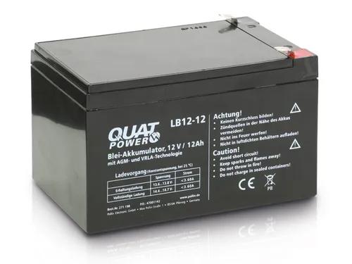 QUATPOWER Blei-Akkumulator LB12-12, 12 V-12 Ah - AGM-Bleiakku mit hoher Energiedichte, ideal für zuverlässige Stromversorgung. Lange Lebensdauer bis zu 5 Jahre und gute Regeneration nach Tiefentladung.