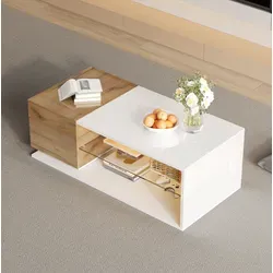 Couchtisch Led Aus Spanplatte Weiß-eiche 105 Cm, Hochglanz Mit Hartglas Und Stauraum