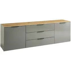 Lowboard AKAMU - Hochglanz grau - BHT 200x61x45 cm - TV-Halterungen: Stilvolles Lowboard mit Hochglanz grau Korpus und Artisan Eiche Oberplatte, ideal für ein heimeliges Flair in Ihrem Wohnzimmer.