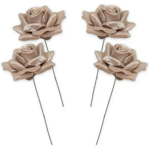 Kunstrosen-Blüten mit Stiel als künstliche Deko-Rosen aus Wachs - 4 perlmutt Rosenblüten wie echt für Blumengestecke Blumen-Dekoration - Wachsrosen als Kunstrosen Friedhof Grabschmuck