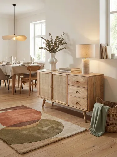 Design Sideboard aus massivem Mango Holz mit Rattan, 140x75x40 cm