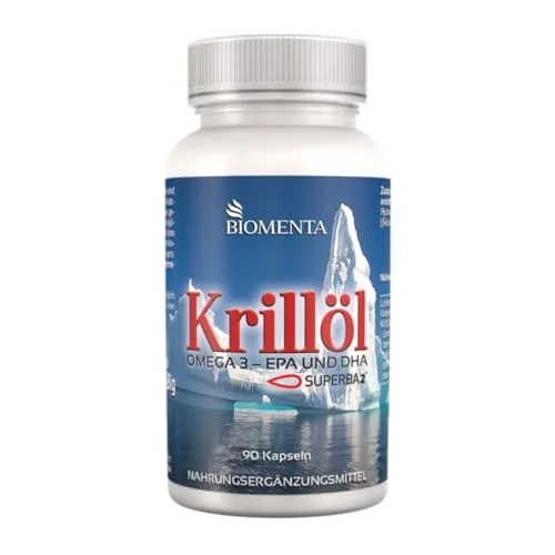 BIOMENTA Krillöl – 90 hochdosierte Kapseln mit Omega 3, EPA, DHA - Essentielles Krillöl mit 500 mg pro Kapsel, reich an Phospholipiden und Astaxanthin, unterstützt Herz- und Gehirnfunktion, nachhaltig aus der Antarktis.