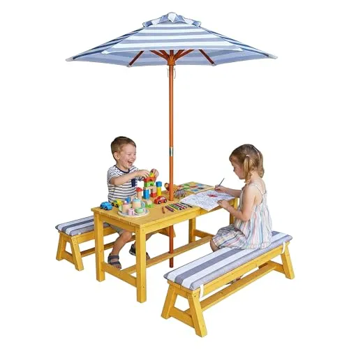 Kindersitzgruppe Gartengarnitur für Kinder mit Picknicktisch und Schirm - Praktische und farbenfrohe Sitzgruppe für den Garten, ideal für kleine Abenteurer. Das Set bietet Platz für gesellige Stunden im Freien und besteht aus robusten Materialien.